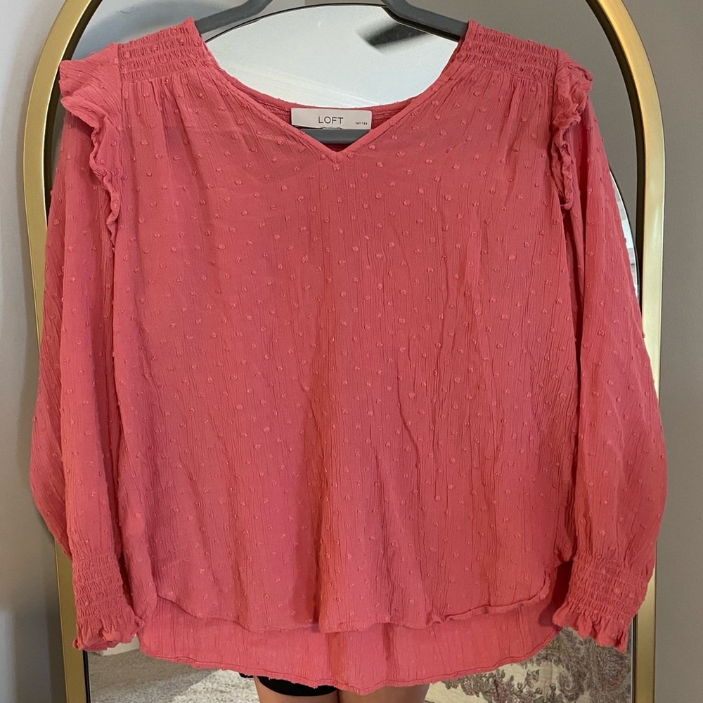 Loft Pink Ruffled V Neck Blouse Medium Petite